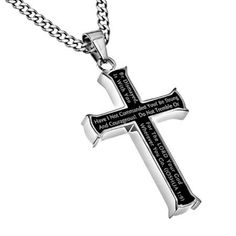 Solid stainless steel cross pendant with high polish finish frame and ebony middle with electroplated Scripture. Cross is 1.75 x 1 on 24 stainless steel chain. Have I Not Commanded You? Be Strong And Courageous! Do Not Tremble Or Be Dismayed, For The Lord Your God Is With You Wherever You Go. (Joshua 1:9) Black Stainless Steel Necklace With Cross Pendant, Black Engraved Cross Pendant Necklace, Black Stainless Steel Cross Pendant Necklace, Black Cross Necklace As Gift, Black Engraved Crucifix Necklace, Black Crucifix Necklace Engraved, Black Cross Pendant Jewelry For Father's Day, Personalized Black Cross Pendant Necklace, Black Cross Pendant Necklace Gift