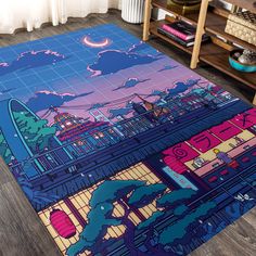 a rug with an image of a city at night