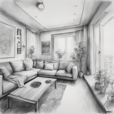 a drawing of a living room with couch, coffee table and potted plants in the corner