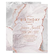 an elegant marble birthday party card with gold foil on the front and silver foil on the back