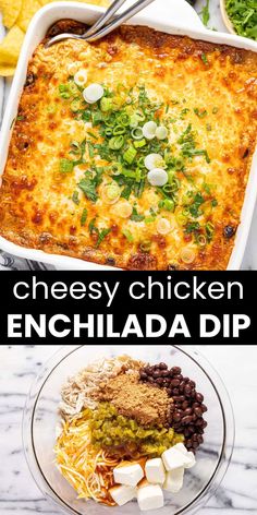 an enchilada dip with cheese and green onions in the middle, next to a casserole dish