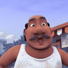 an animated man with fake mustaches on his face and chest standing in front of a building