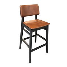 a brown leather seat on a black wooden stool