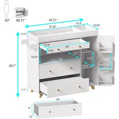 an image of a white dresser with drawers and measurements on the bottom half of it