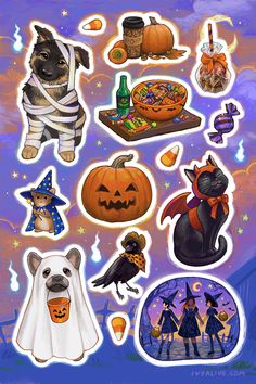 halloween stickers with dogs, cats and witches on them in front of a purple background