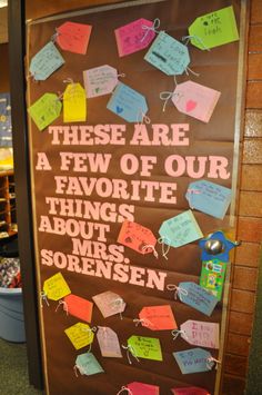 a bulletin board with post it notes attached to the back of it that says, these are a few of our favorite things about us