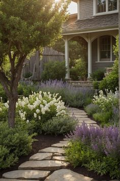 a stone path in front of a house with lavender and white flowers on the side