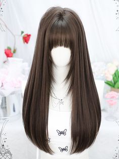 Get the perfect air bangs look with our brown straight synthetic wig. This wig is designed to give you a sleek and stylish appearance, featuring a natural-looking straight texture.  Please note that this product includes only the wig.  Garment Size   	 		 			Size 			Free Size 		 		 			Hair Length 			60-65 Hair Claim, Pokemon Bead, Air Bangs, Double Ponytail, Hair Inspiration Long, Kawaii Cosplay, Super Hair, Hair Up Styles, Brown Wig