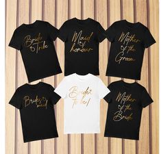 six t - shirts with gold lettering on them