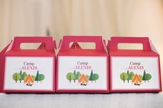 three pink boxes with camping themed labels on them