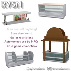 four different types of outdoor furniture including an awning, table and bench with the words rvn on it