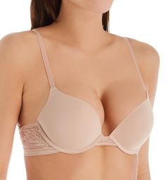 Lace sides give this serious push-up bra a lighter, more classic lingerie look. Made of nylon and spandex. Contour/t-shirt underwire cup has heavy graduated push-up padding inside cup that lifts breast for a fuller look. Microfiber cup overlay gives cups a sleek texture. Plunging neckline for easy wear with low-cut fashions. Center - wide, low-set lace triangle panel. Sides and back are stretch lace with sewn-on elastic along top and microfiber-covered elastic at bottom. Straps have soft undersi Classic Push-up Bra, Elegant Push-up Nursing Bra With Removable Cups, Elegant Shaping Underwire Bra, Elegant Full Cup Shaping Bra, Elegant Padded Push-up Bra, Elegant Shaping Bra With Removable Pads, Classic Padded Push-up Bra, Elegant Shaping Push-up Bra, Classic Push-up Bra With Medium Bust Support