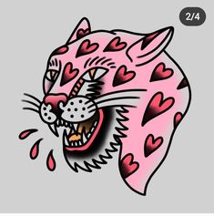 a drawing of a pink leopard with hearts on its face and mouth, in the shape of a heart