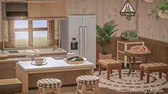 an artist's rendering of a kitchen with stools, table and refrigerator in it