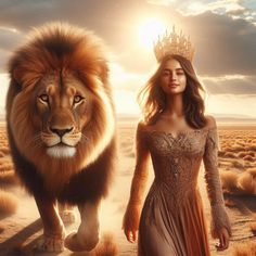 a woman in a long dress standing next to a lion on a dirt road with the sun behind her