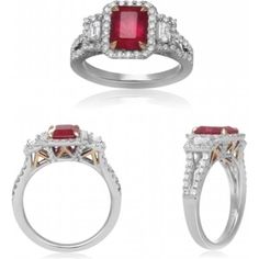 Roman & Jules 18K White Gold 2.03 Carat Emerald Cut Ruby Ring with Diamond Halo - GIA Certified Will And Grace, Ring With Diamond, Red Ruby, Vivid Color, Ruby Ring, Diamond Halo, Center Stage, Love Symbols, Halo Diamond