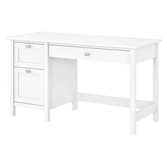 a white desk with two drawers on top and one drawer at the bottom, against a white background