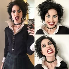 four photos of a woman dressed as the rocky horror movie character, with her mouth open and tongue out