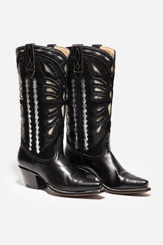 Crafted from 100% genuine leather, the Farfelle Cowboy Boots make a bold statement in style. Featuring laser-cut detailing in rich black leather with white leather peeking out underneath, these pull-on boots are finished with a traditional block heel. Pair with bootcut jeans and a bold top for a fun night out with friends. Johnny Was Women's Farfalle Cowboy Boot in Black, Size 7, Leather Black Calf Leather Boots With Snip Toe, Black Snip Toe Calf Leather Boots, Boho Chic Outfits, Pull On Boots, Cowboy Boot, Embroidered Jeans, Johnny Was, Leather Care, White Leather