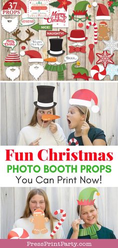 christmas photo booth props with text overlay that says fun christmas photo booth props you can print now