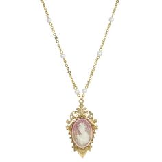 This unique 1928 necklace features a pretty Victorian-inspired cameo depicting a woman looking into a mirror and simulated pearl beads on a gold-tone chain. This unique 1928 necklace features a pretty Victorian-inspired cameo depicting a woman looking into a mirror and simulated pearl beads on a gold-tone chain. Metal: alloy Length: 24 in. Plating: gold tone Finish: polished Material: acrylic Pendant length: 2.4 in. Not appropriate for children 14 years old and younger. Size: One Size. Color: Or Antique Cameo Jewelry, Vial Necklace, Jewelry Victorian, Cameo Pendant Necklace, 1928 Jewelry, Vintage Inspired Jewelry, Cameo Jewelry, Victorian Women, Cameo Necklace