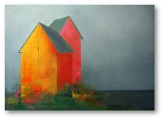 an abstract painting of two red and yellow houses on a hill with grey sky in the background