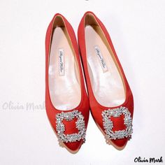 Olivia Mark - Stylish Pointed Toe Flat Shoes with Square Buckle Detail and Snowflake Rhinestone Embellishments for Wedding Rhinestone Embellishments, Red Wedding, White Diamonds, Terry Cloth, Flat Shoes, Low Heels, Diamond White, Shoes Flats, Red White