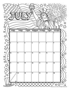 july calendar with the statue of liberty on it and fireworks in the sky behind it