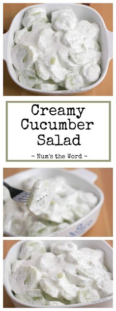 creamy cucumber salad in a white bowl with a spoon and title overlay