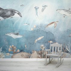 Underwater Fun Watercolour Animals and Fish with Child's Chair Ocean Wall Mural Bedroom, Ocean Wall Mural Painting, Watercolour Underwater, Under The Sea Baby Room, Ocean Wall Mural, Underwater Bedroom, Childrens Wall Murals, Ocean Bedroom, Ocean Mural