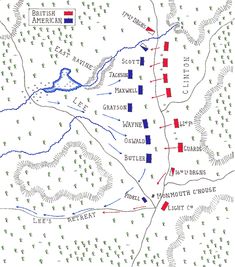 an old map shows the battle between two major battles, with red and blue flags