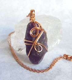 Dark Purple Raw Amethyst Crystal Pendant Necklace w/ 2 Swirls, Copper Wire-Wrapped, w/ 20 Chain, Handmade Hand Wrapped Purple Copper Jewelry, Hand Wrapped Purple Copper Wire Jewelry, Hand Wrapped Purple Copper Necklace, Purple Wire Wrapped Copper Wire Necklace, Dark Purple Crystals, Finding Feathers, Moon Pentacle, Raw Amethyst Crystal, Angel Wing Ring