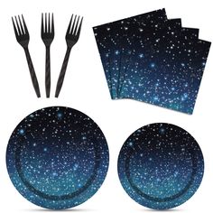 a set of four place mats with forks and spoons in front of the stars