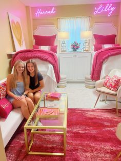 College dorm inspiration!! I got everything from essentials by eden and amazon!!💖💖 #dormdecor #dormroomdesigns #collegehacks #dorm Img Academy Dorm, Pink Dorm Room Decor Ideas, Pitt Dorm Room, Sec Dorm Rooms, Dorm Room Vanity Ideas, College Dorm Makeover, University Of Iowa Dorm, 2 Person Dorm Room Ideas, Uga Dorm Room Ideas