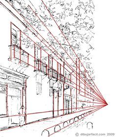 an architectural drawing of a building with red lines going through the windows and down to the ground