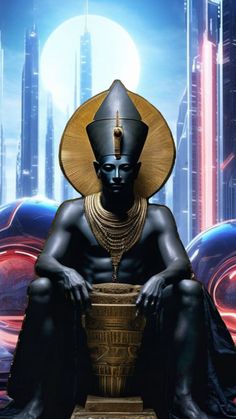 an egyptian statue sitting in front of a futuristic city