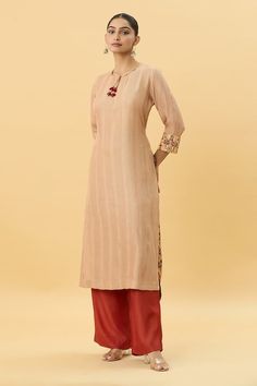 Beige pintucked kurta with kalamkari print. Paired with a pant. - Aza Fashions Kalamkari Print, Upper Arm Cuffs, Arm Cuffs, Straight Kurta, Arm Cuff, Pants Pattern, Pant Set, Set For Women, Aza Fashion