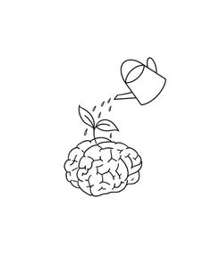 a black and white drawing of an apple with a watering can pouring water on it