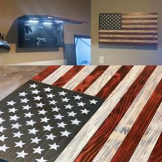 an american flag made out of wood is displayed