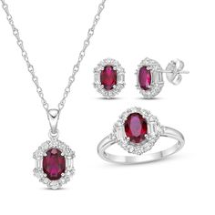 Surprise and delight with this matching necklace, stud earrings and ring gift set. Crafted in sterling silver, the necklace showcases an oval-cut lab-created ruby flanked by baguette-cut white lab-created sapphires. Round-cut white lab-created sapphires complete the oval halo frame. The pendant suspends along an 18-inch rope chain that secures with a spring-ring clasp. The ring comes in standard size 7 only. The post earrings secure with friction backs. This bright set is boxed and ready to gift Classic Diamond Cut Jewelry Set As Gift, Elegant Oval Jewelry Sets For Anniversary, Oval Cubic Zirconia Jewelry Sets For Formal Events, Oval Cubic Zirconia Jewelry Sets For Formal Occasions, Formal Oval Cubic Zirconia Jewelry Sets, Oval Cubic Zirconia Jewelry Set For Anniversary, Oval Gemstone Jewelry Sets As Gifts, Elegant Gemstone Jewelry Sets, Classic Gemstone Jewelry Sets For Anniversary