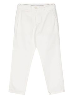 white stretch-cotton twill weave slim cut mid-rise concealed front button, hook and zip fastening belt loops side welt pocket two diagonal pockets to the sides two rear button-fastening jetted pockets straight hem Fitted White Chinos For Work, White Fitted Chinos For Work, Fitted White Chinos With Straight Hem, White Fitted Chinos With Straight Hem, White Straight Leg Chinos For Business Casual, White Tapered Leg Chinos For Business Casual, White Chinos With Straight Hem For Spring, White Chinos For Spring Workwear, Classic White Chinos For Spring