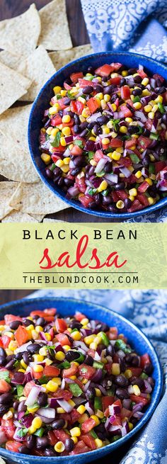 black bean salsa in a blue bowl with tortilla chips next to it and the title overlay reads, black bean salsa