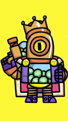 a drawing of a robot with a crown on it's head and some balls in front of him