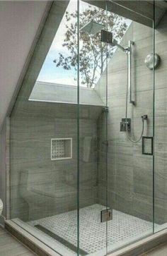 a bathroom with a toilet, shower and skylight in the ceiling area is shown