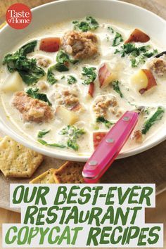 the cover of taste and home magazine features a bowl of soup with meat, spinach and cheese