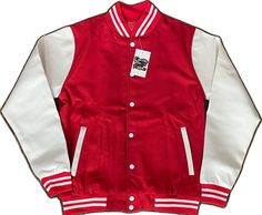 Red Varsity Outerwear With Pockets, Red Fitted Varsity Outerwear, Red Fitted Varsity Jacket, Fitted Red Varsity Jacket, Red Fitted Casual Varsity Jacket, Red Fitted Varsity Jacket For College, Classic Red Varsity Jacket For Streetwear, Classic Red Varsity Jacket For Winter, Classic Red Varsity Jacket With Long Sleeves