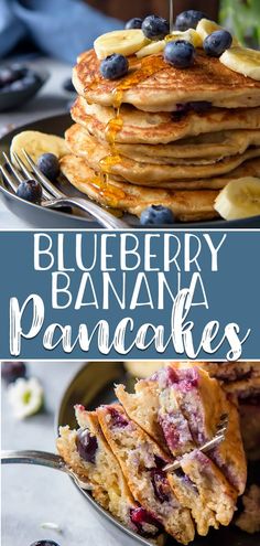 blueberry banana pancakes stacked on top of each other