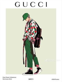 a man with a backpack and hat standing in front of a green background that says gucci