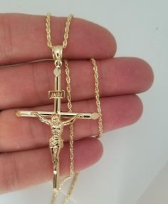 NEW-14k Real Yellow Gold Jesus Crucifix Religious Cross Pendant-Z836 Chain: 14k Solid Yellow Gold Rope Chain 16",18",20",22",24"-2.0 mm Pendant:     Avg. Weight-3.2 g     Material Type-14k Gold     Height-56     Width-37 Jewelry Photography Tutorial, Western Jewelry Necklace, Cross Pendant For Men, Gold Crucifix Necklace, Gold Pendants For Men, Jesus Necklace, Mens Gold Jewelry, Religious Cross, Gold Cross Necklace