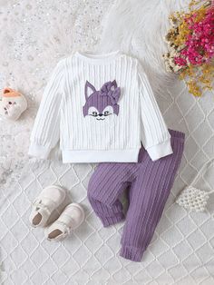 Purple  Collar Long Sleeve  Cartoon  Embellished Slight Stretch  Baby Girls Clothing Cute White Sets For Fall, Cute Long Sleeve Matching Set Tops, Winter Matching Cotton Set, Playful Purple Long Sleeve Sets, Cute Purple Cotton Sets, White Long Sleeve Matching Pant Set, Purple Long Sleeve Sets For Winter, Purple Long Sleeve Sets For Fall, Cute Purple Long Sleeve Sets